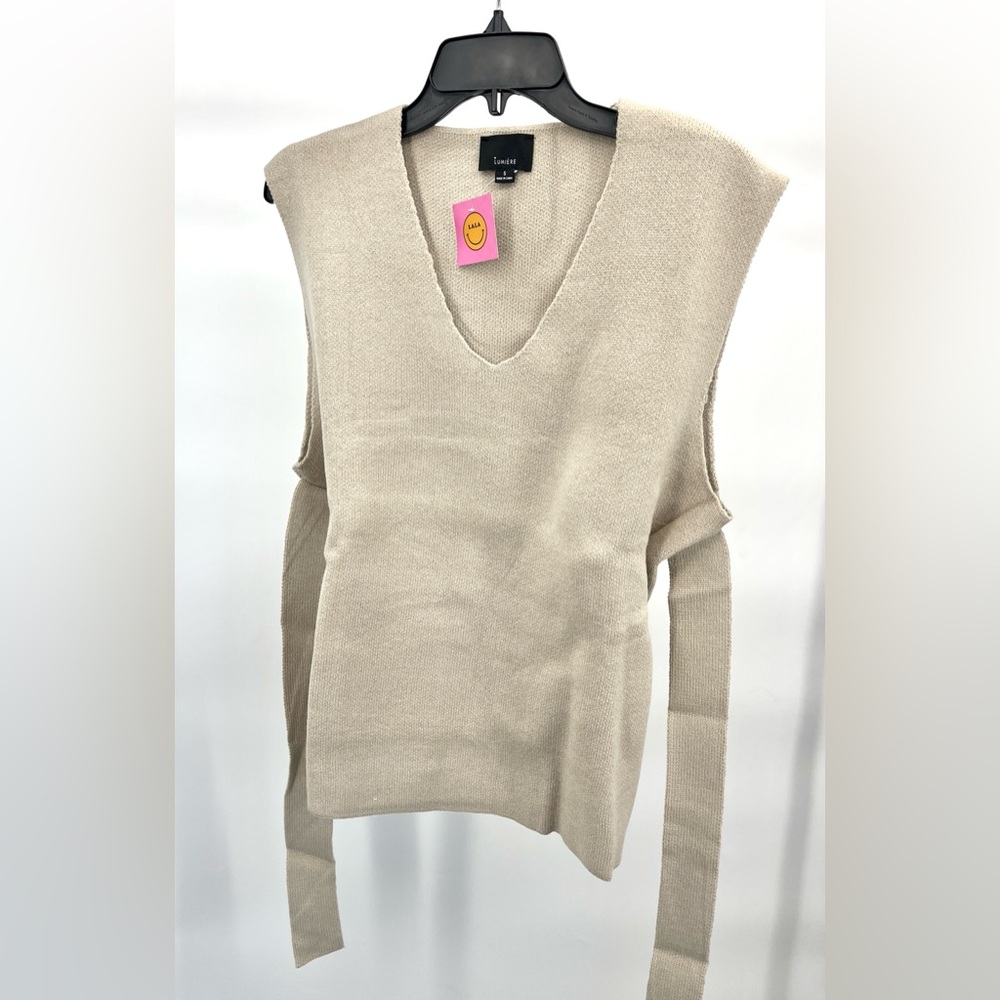 Lumiere Sold by Dressed in LALA Beige V-Neck Women's Sleeveless Sweater W/ Tie
